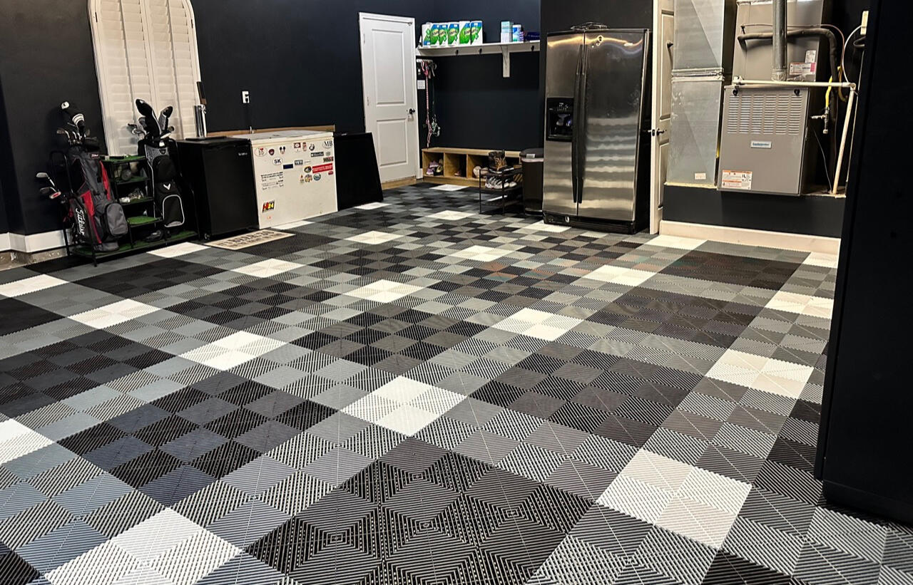 Black, gray and white Swisstrax garage floor design Black, gray and white Swisstrax garage floor design